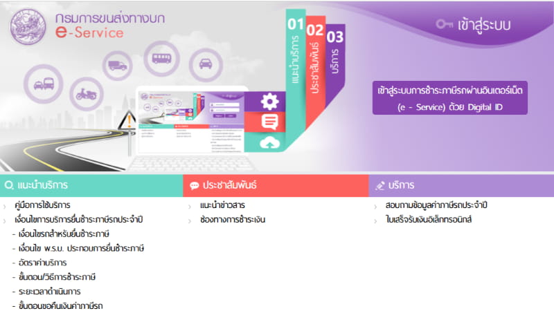 เว็บไซต์ e-Service ของกรมการขนส่งทางบก เพื่อต่อภาษีและพ.ร.บ.ออนไลน์