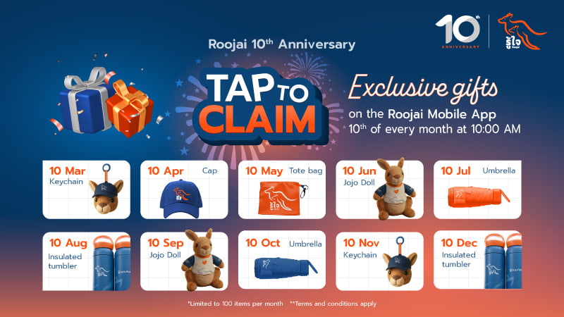 Celebrate Roojai’s 10th Anniversary with a special gift on the 10th of every month via Roojai Mobile App.
